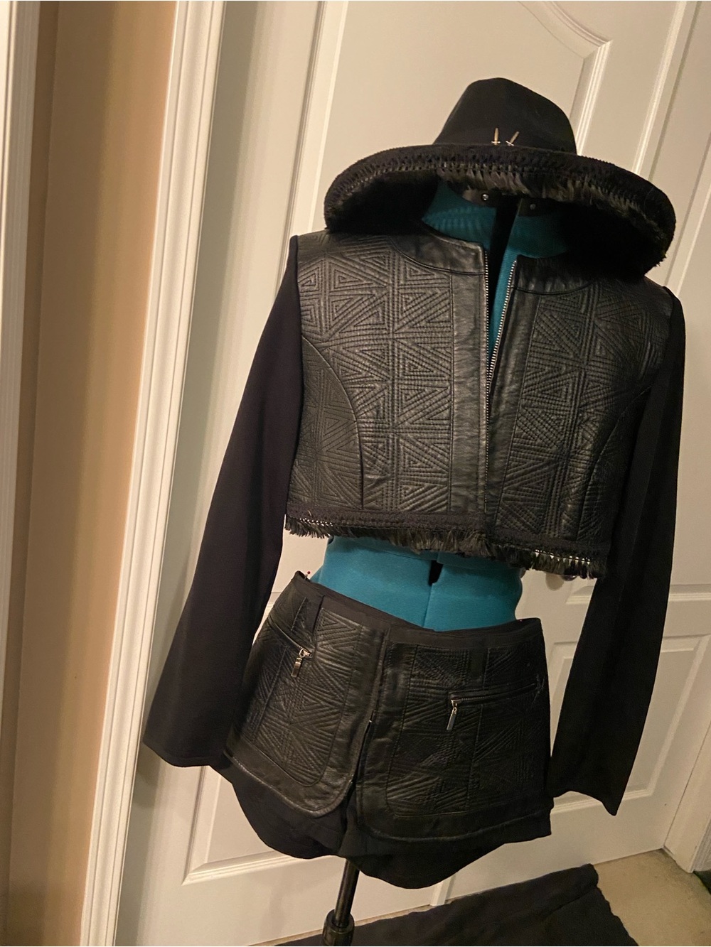 Black Cropped Leather Jacket with matching short.Hat optional